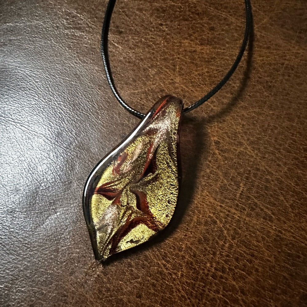 Artisan Gold and Brown Leaf glass medallion Pendant cord Necklace